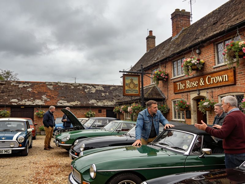 Club members chatting beside classic sports cars outside a country pub