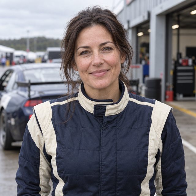 Racing driver in overalls standing in a circuit paddock