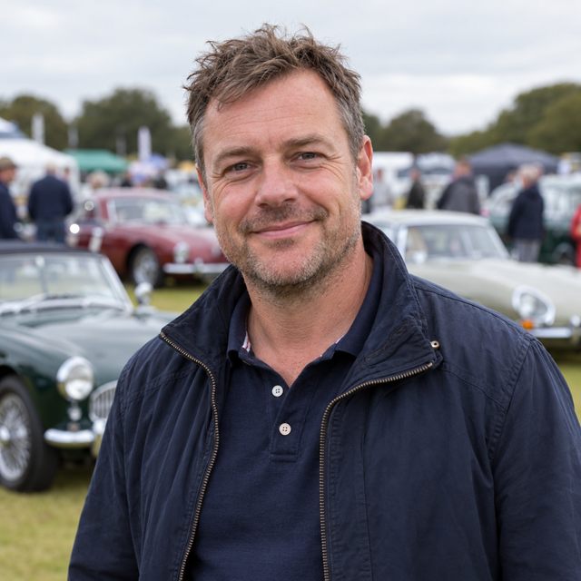 Smiling club member at an outdoor classic car show