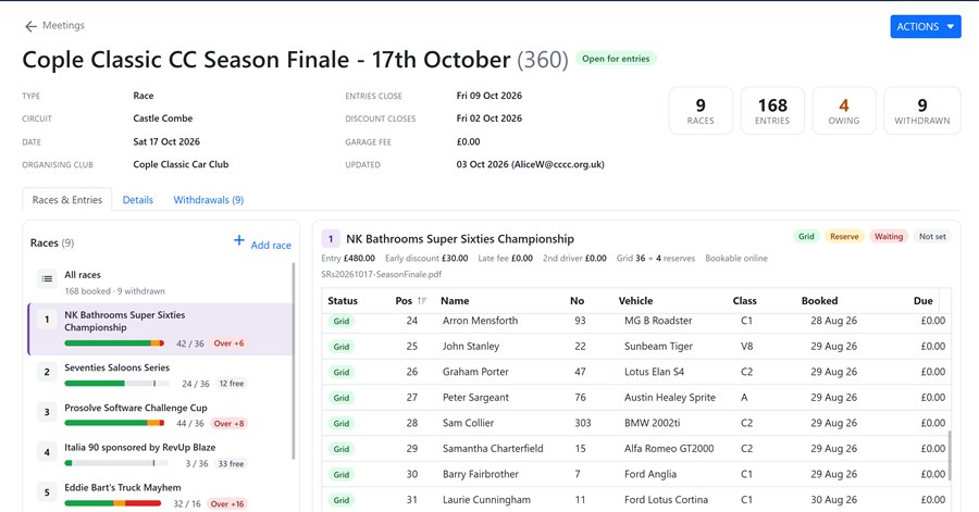 RevUp Blaze race meeting screen showing races, entries and a championship grid list