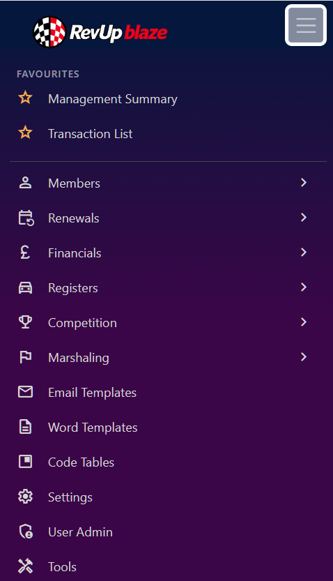 RevUp Blaze main menu on a mobile phone, listing members, renewals, financials, registers, competition and marshalling