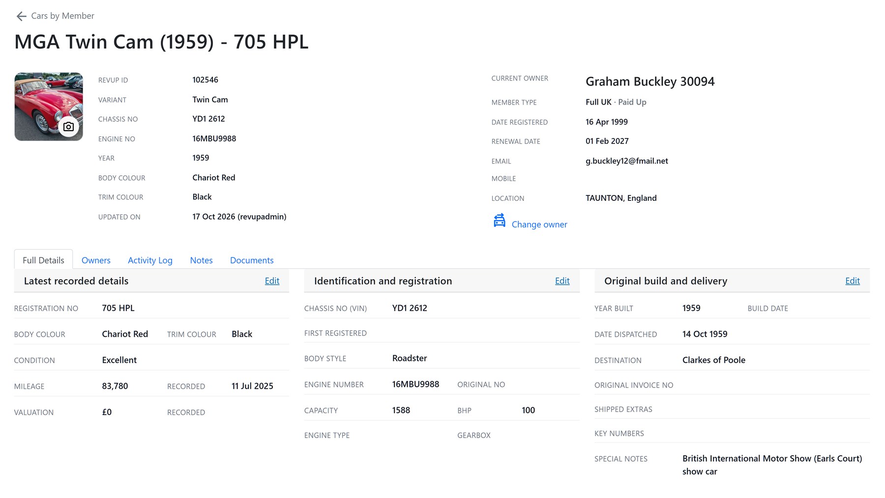 Vehicle register record for a 1959 MGA Twin Cam showing chassis, engine and original build details